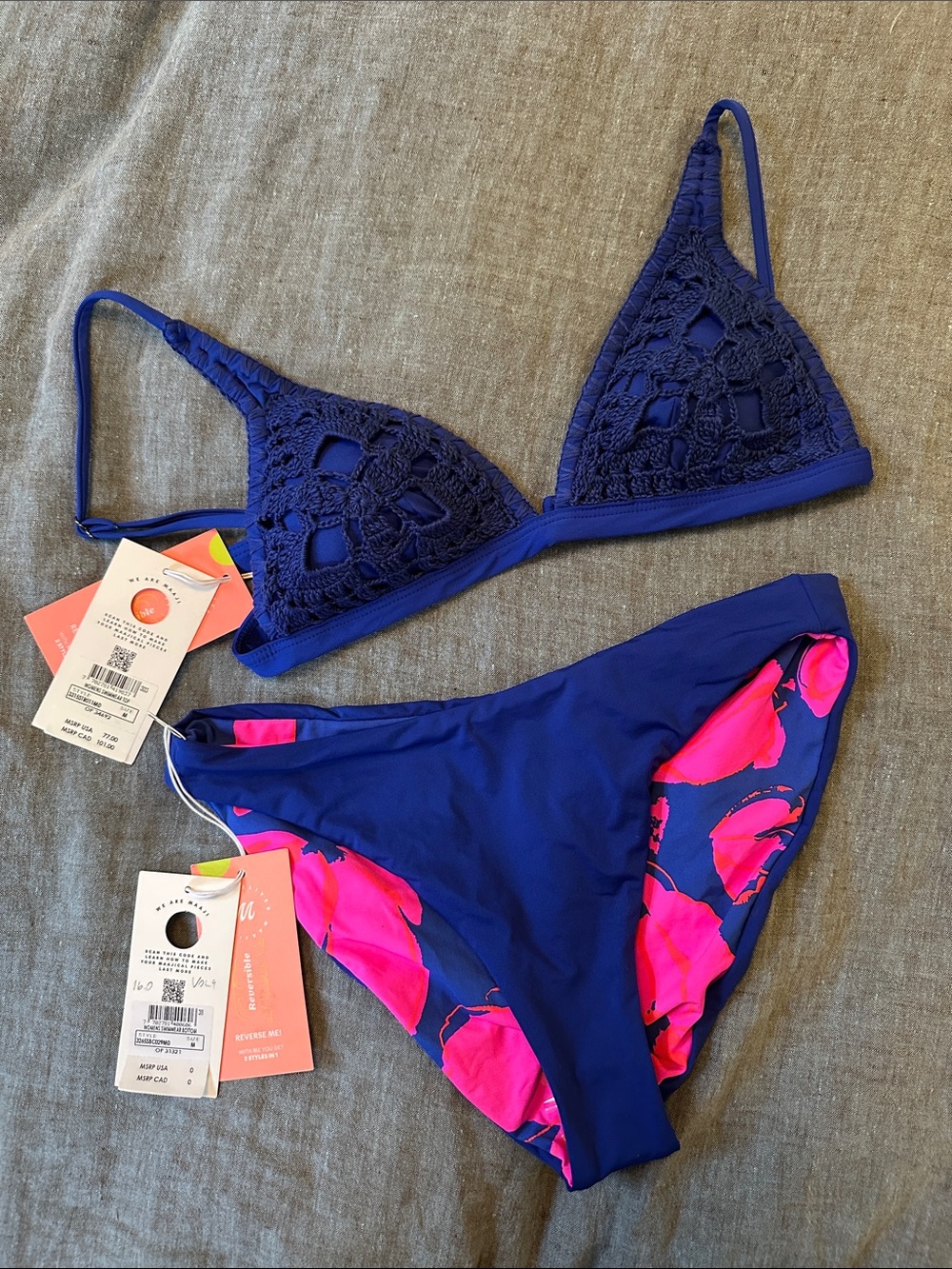 NWT Maaji Navy Crochet Triangle Bikini Top with Hot Pink Accented Bottom